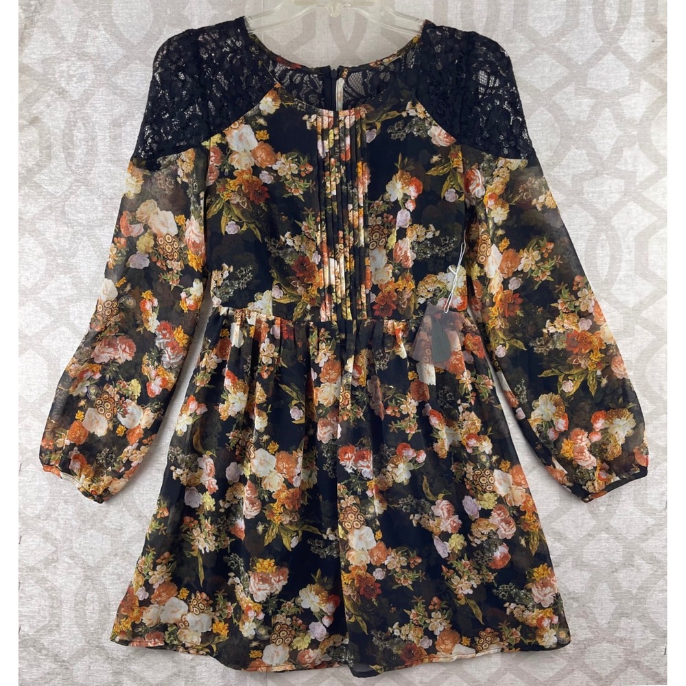 Forever 21 Contemporary Womens XS Floral Lace Pintuck Chiffon Mini Dress‎ Black
